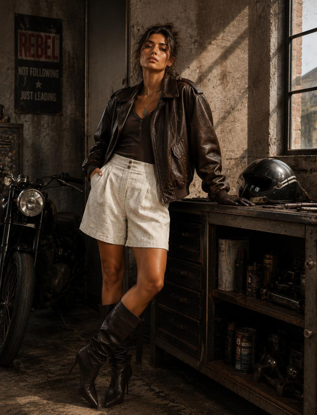 Damen Rebel Herbst Outfit mit beigen High Waist Shorts, brauner Lederjacke, braunem Top und hohen Stiefeln im Biker Style