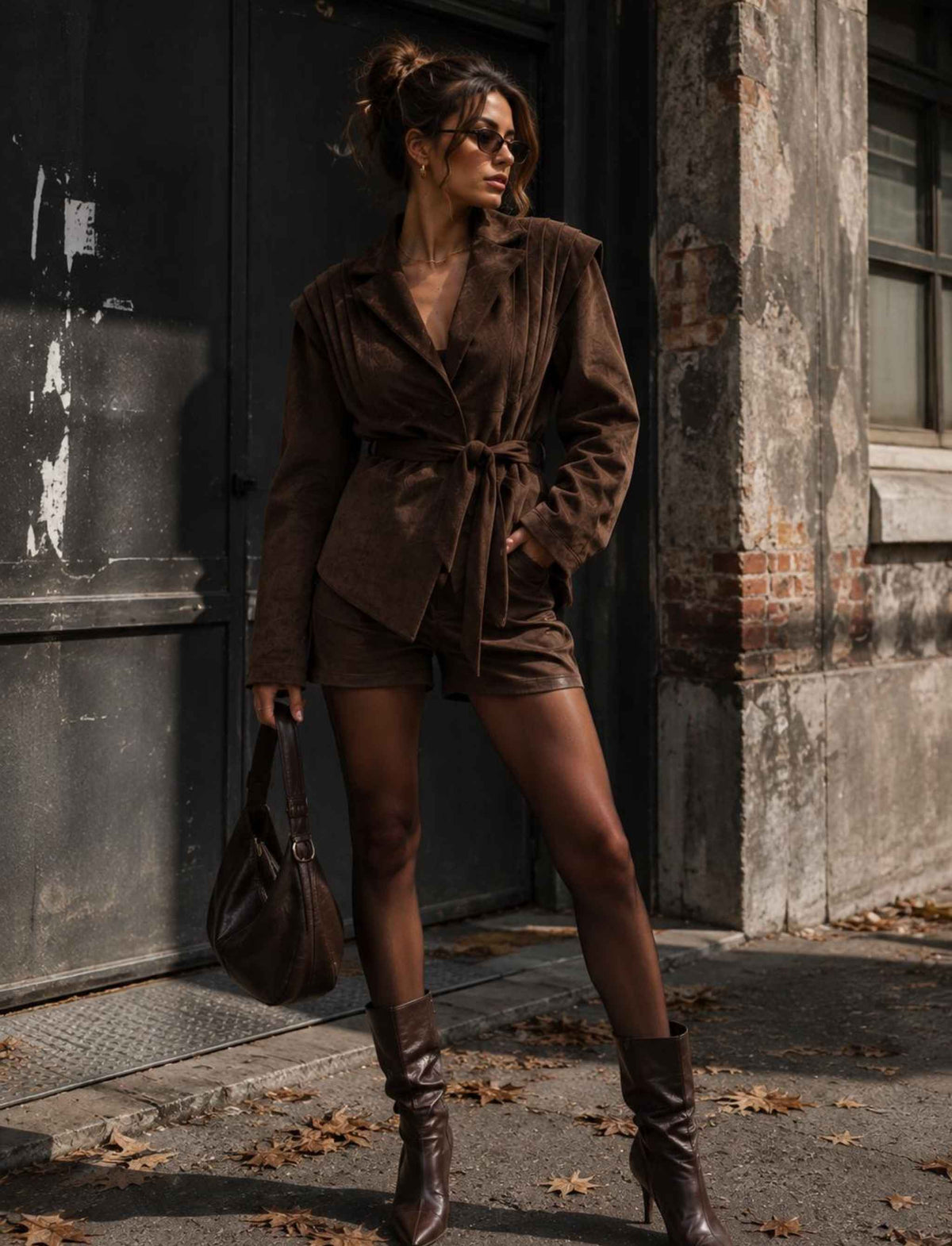 Brauner Blazer für Damen mit Taillengürtel und strukturierter Cordoptik kombiniert mit Shorts und Stiefeln im herbstlichen Rebel Streetstyle