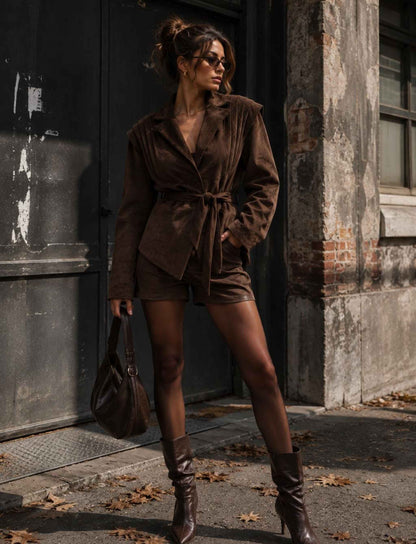 Brauner Blazer für Damen mit Taillengürtel und strukturierter Cordoptik kombiniert mit Shorts und Stiefeln im herbstlichen Rebel Streetstyle
