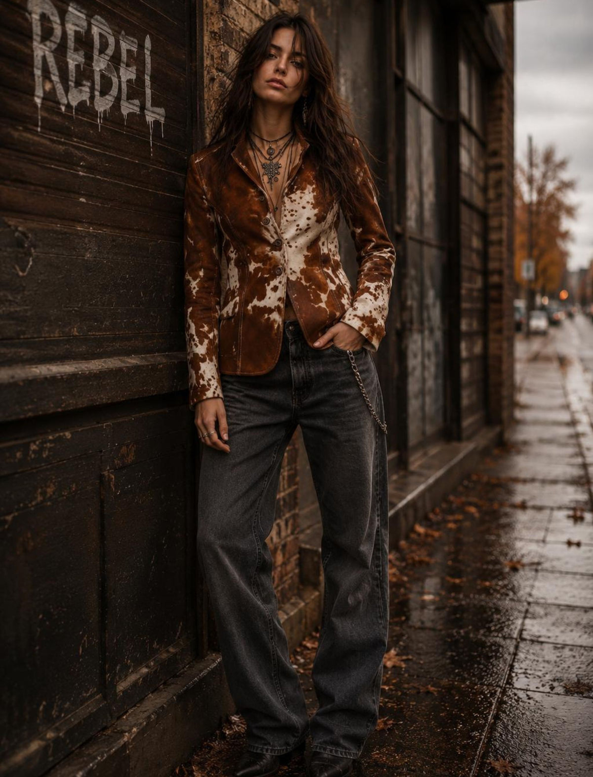 Gemusterter Damen Blazer mit Knopfverschluss in Trageansicht