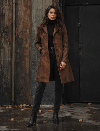 Damen Rebel Herbst Outfit mit langem braunem Mantel, schwarzem Rollkragenpullover, schwarzer Jeans und schwarzen Stiefeletten