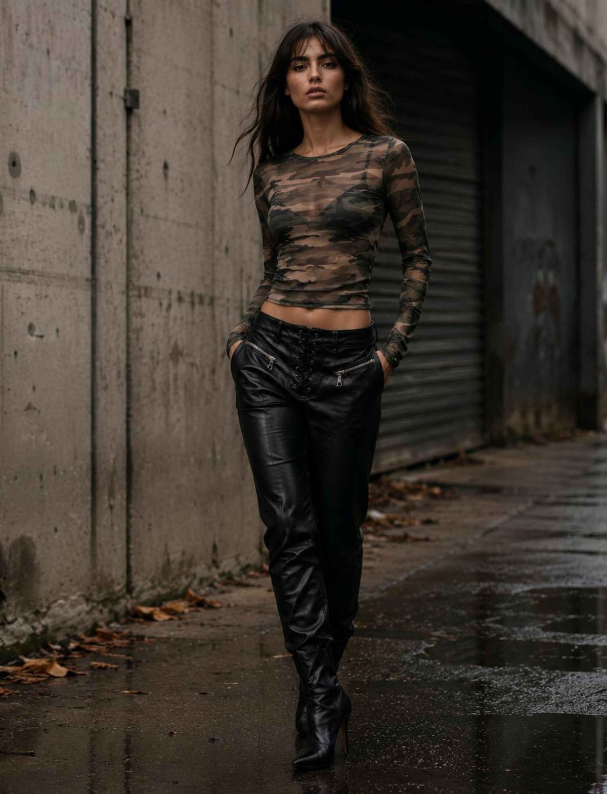 Damen Rebel Herbst Outfit mit Camouflage Mesh Top, schwarzer Lederhose und schwarzen Stiefeletten im rebellischen Streetstyle