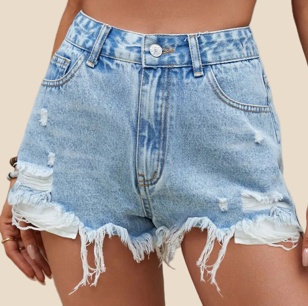 Hellblaue Damen Jeansshorts mit hoher Taille, Destroyed Details und ausgefranstem Saum