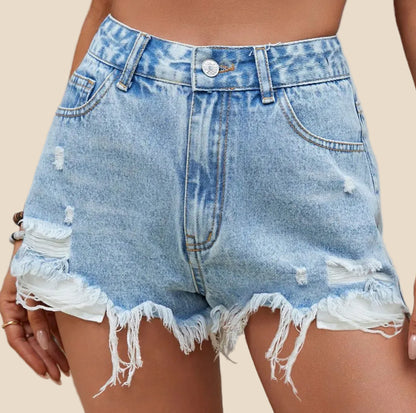 Hellblaue Damen Jeansshorts mit hoher Taille, Destroyed Details und ausgefranstem Saum