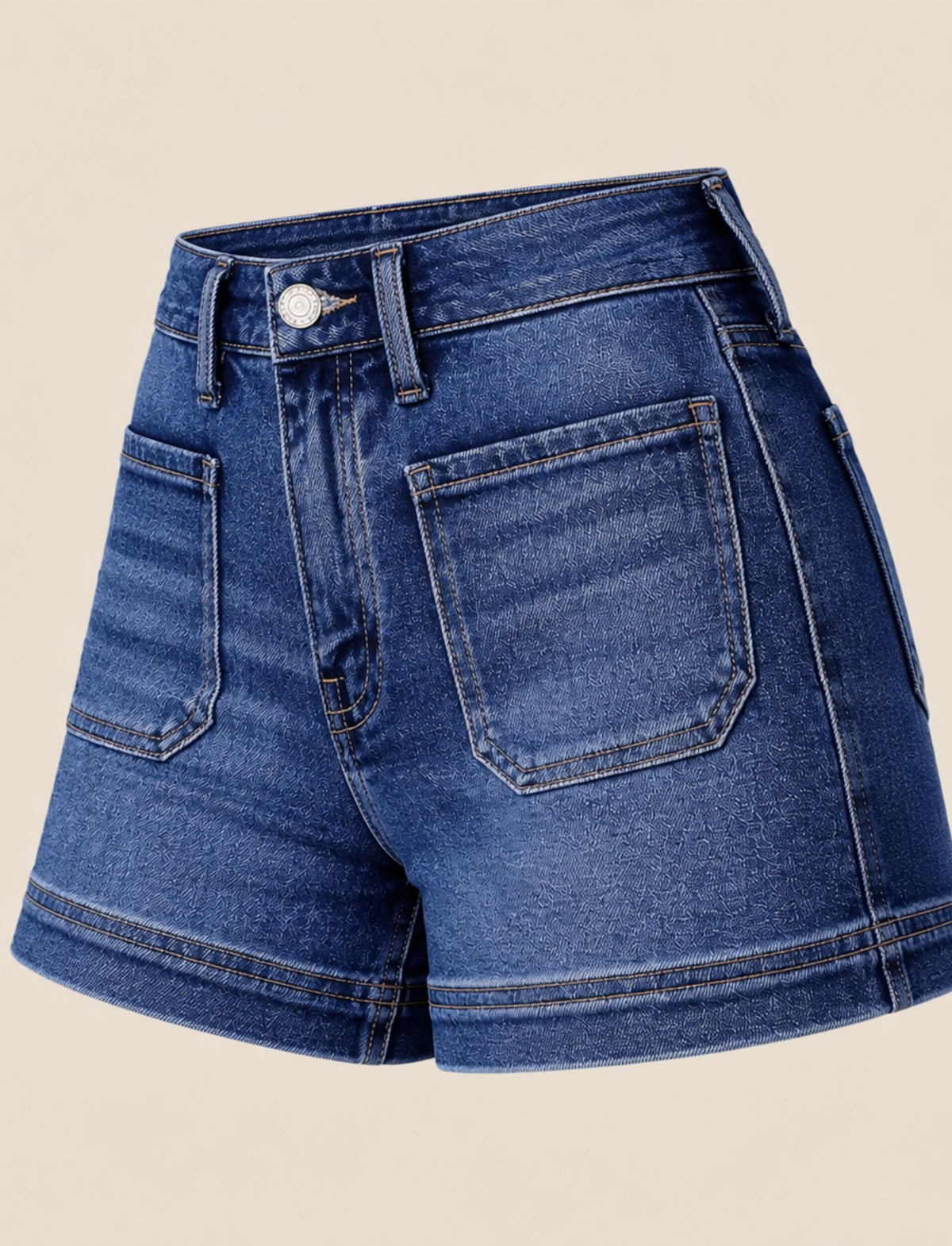 Damen Jeans Shorts mit hohem Bund und Taschen in naher Vorderansicht