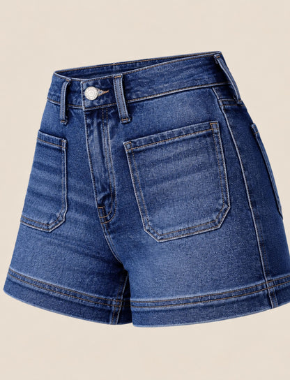 Damen Jeans Shorts mit hohem Bund und Taschen in naher Vorderansicht