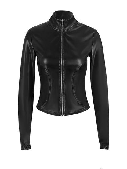 Damen Jacke in Lederoptik mit langen Ärmeln und Reißverschluss