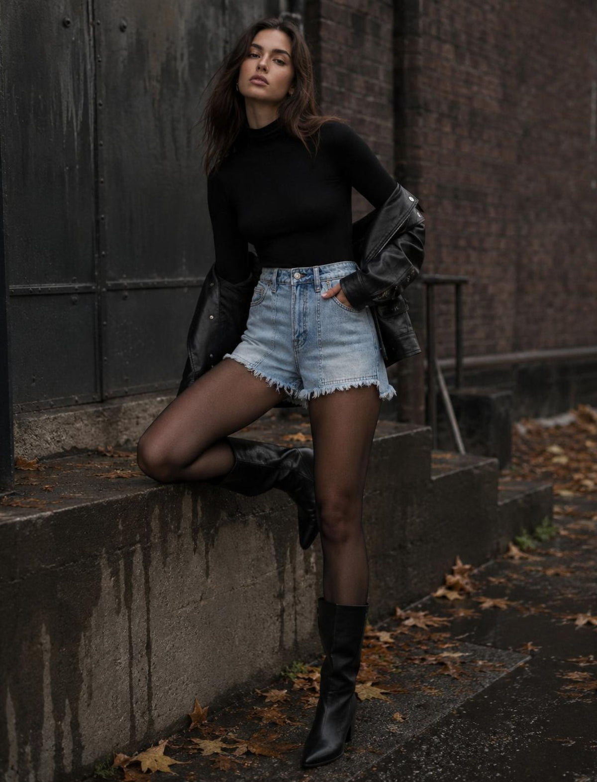 Damen Jeans Shorts mit Waschung und Fransensaum in kompletter Trageansicht
