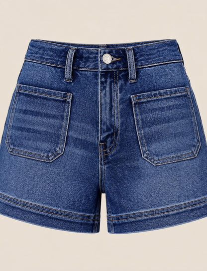 Damen High Waist Jeans Shorts mit sichtbaren Vordertaschen in Produktansicht