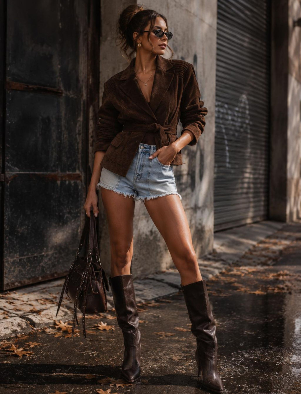 Damen Jeans Shorts mit offenem Fransensaum in Ganzkörperansicht