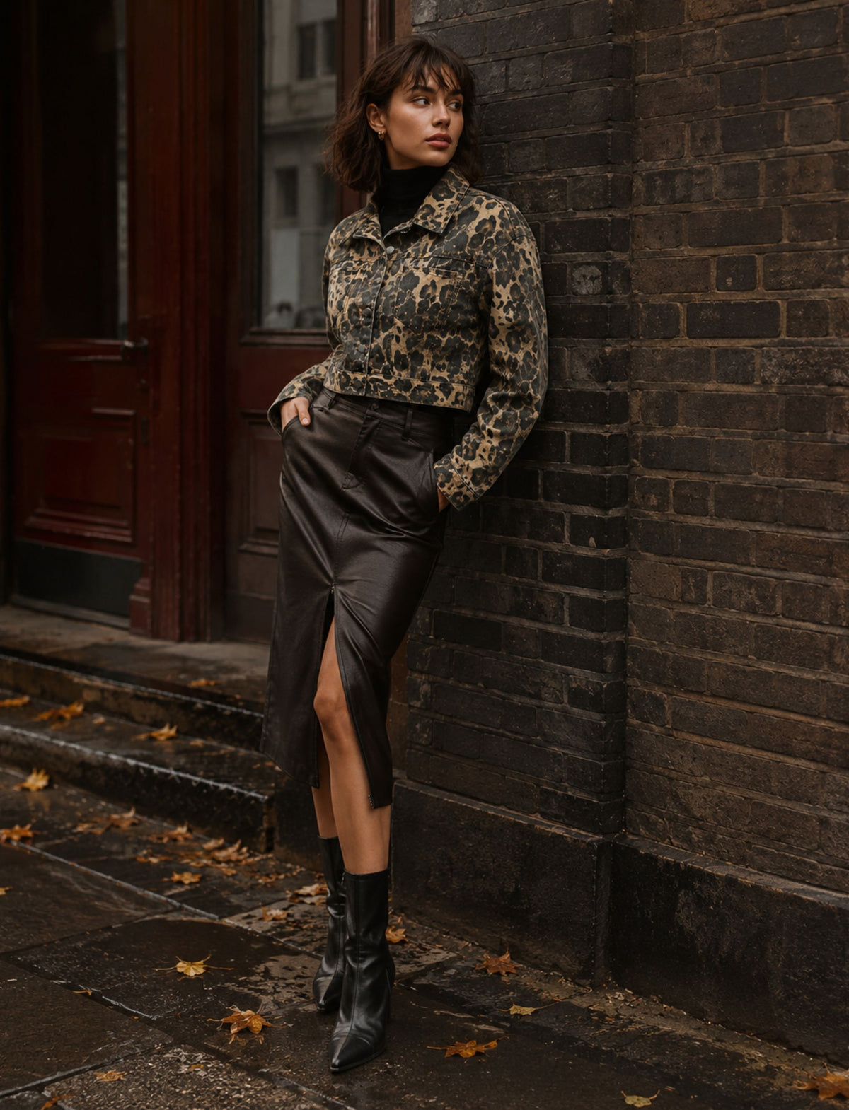 Kurze Damen Jeansjacke mit Leopardenmuster und langen Ärmeln in Trageansicht