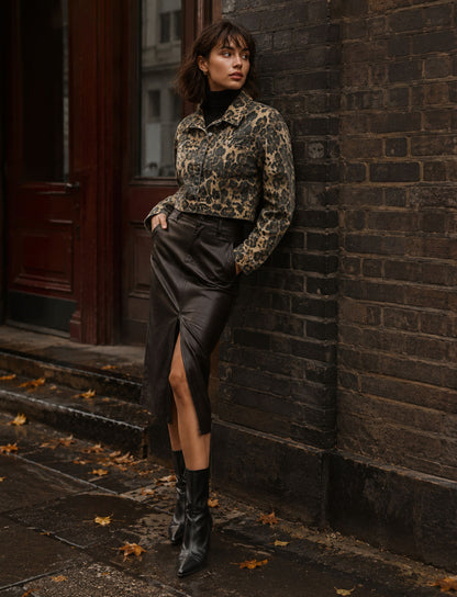 Kurze Damen Jeansjacke mit Leopardenmuster und langen Ärmeln in Trageansicht