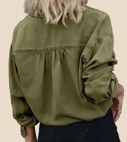 Khaki Damen Bluse mit langen Ärmeln, Brusttaschen, Knopfleiste und verstellbarem Kordelzug am Saum