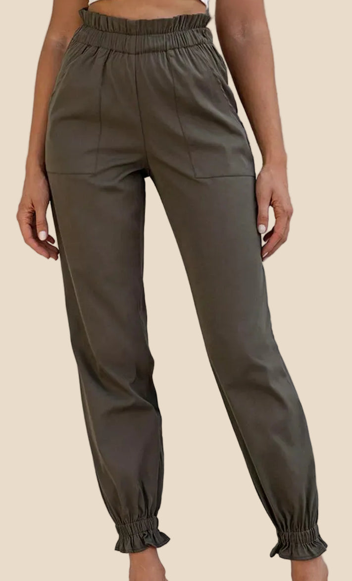 Khaki Damen Jogger Hose mit hohem elastischem Bund, seitlichen Eingrifftaschen und elastischen Beinabschlüssen