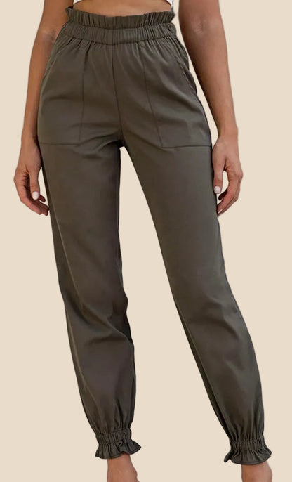 Khaki Damen Jogger Hose mit hohem elastischem Bund, seitlichen Eingrifftaschen und elastischen Beinabschlüssen