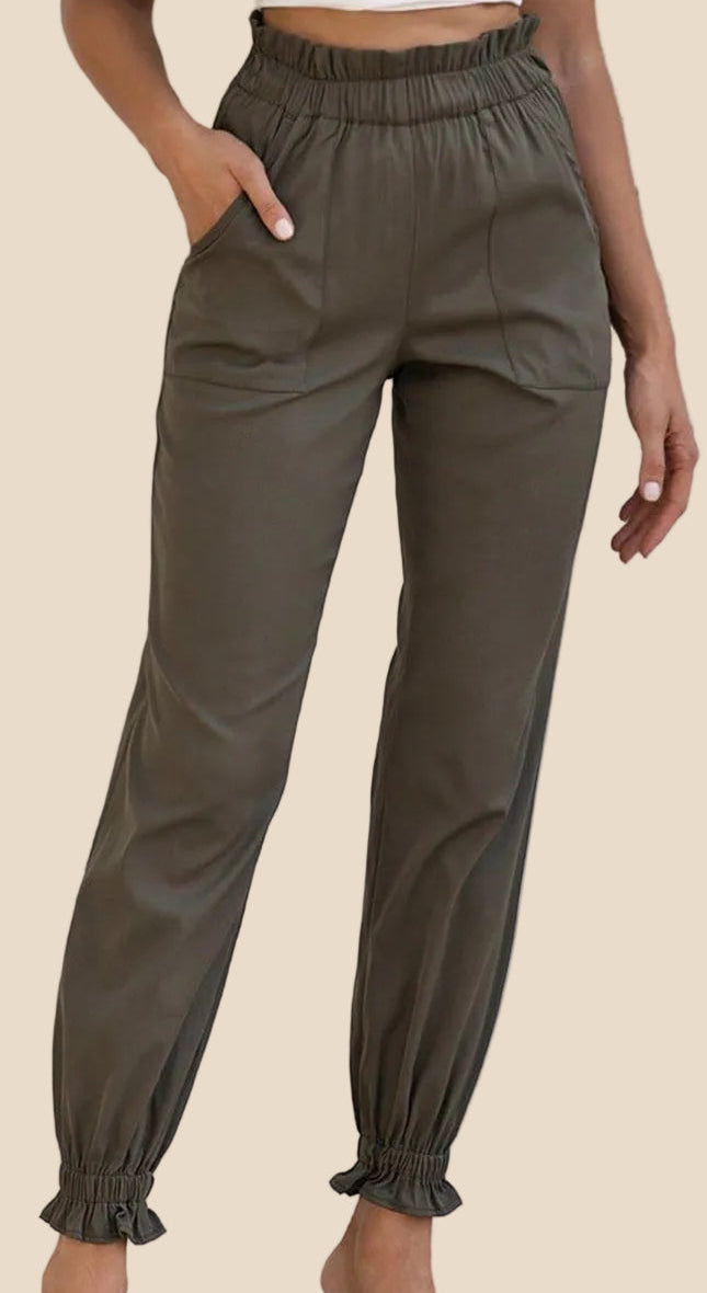Khaki Damen Jogger Hose mit hohem elastischem Bund, seitlichen Eingrifftaschen und elastischen Beinabschlüssen