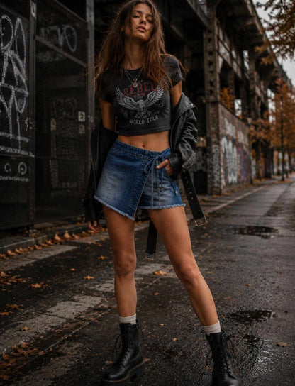 Damen kurzer Hosenrock mit Bindeband in Trageansicht