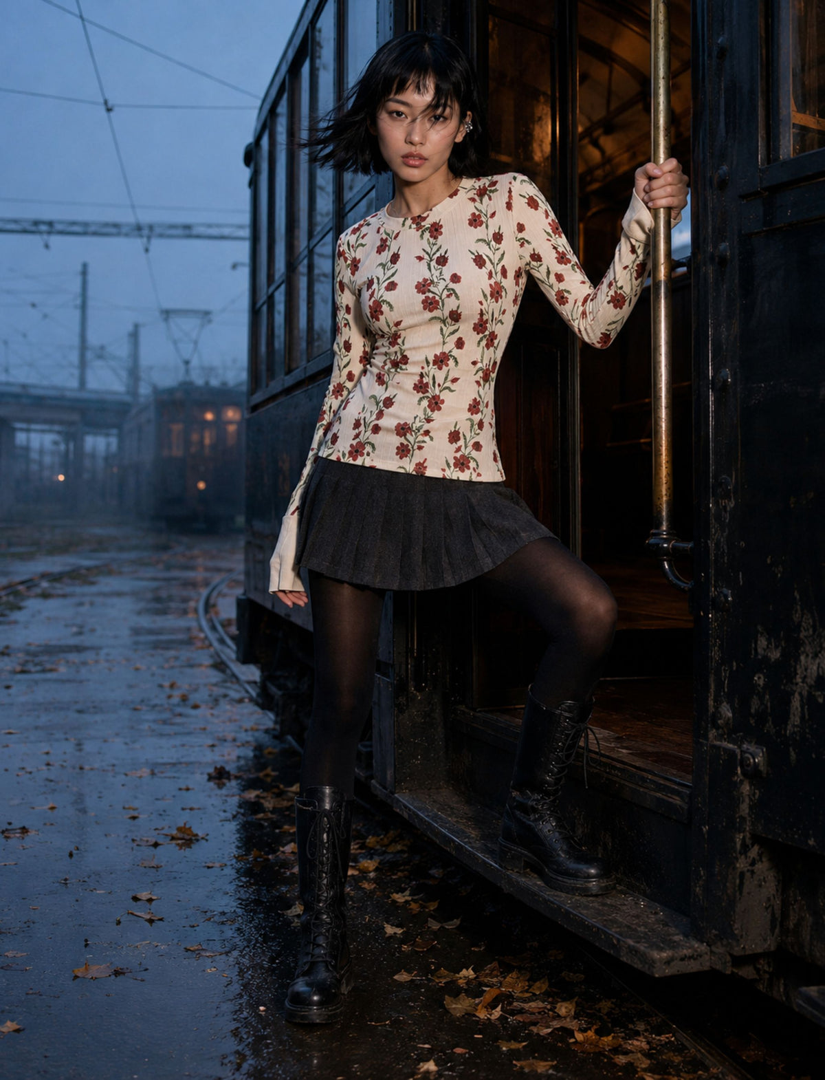 Damen Langarmshirt mit Blumenmuster in kompletter Trageansicht