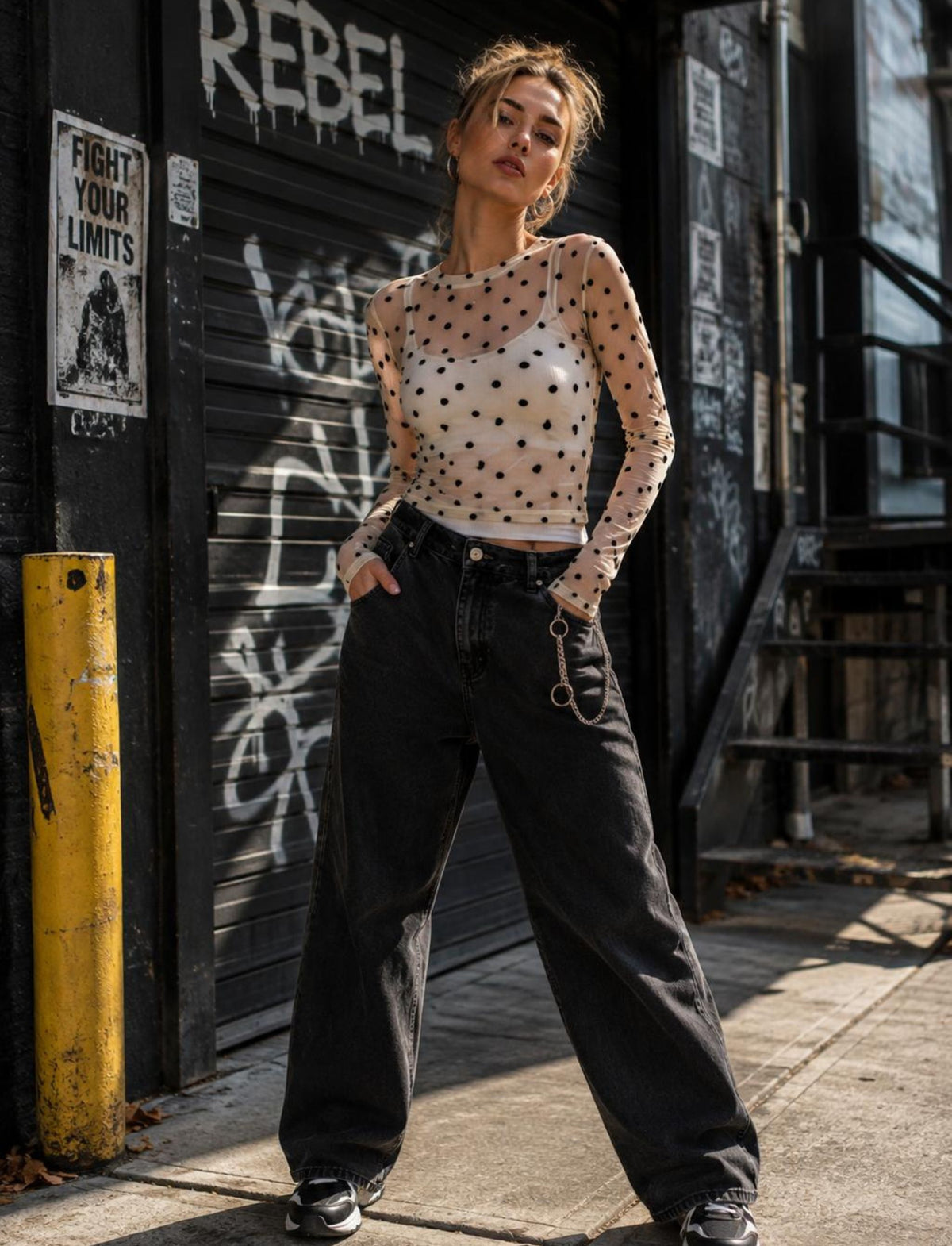 Damen Langarmshirt mit Punkten und transparentem Netzmaterial in Trageansicht