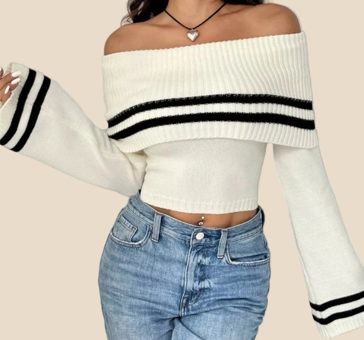 Damen Off-Shoulder Pullover mit Streifen und weit ausgestellten Ärmeln