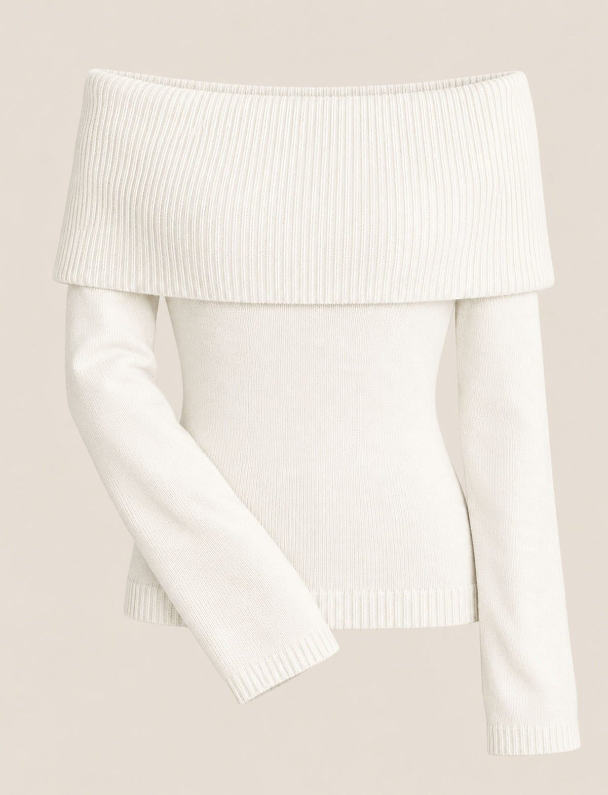 Damen Off-Shoulder Pullover mit Rippstruktur, Umschlagkragen und langen Ärmeln