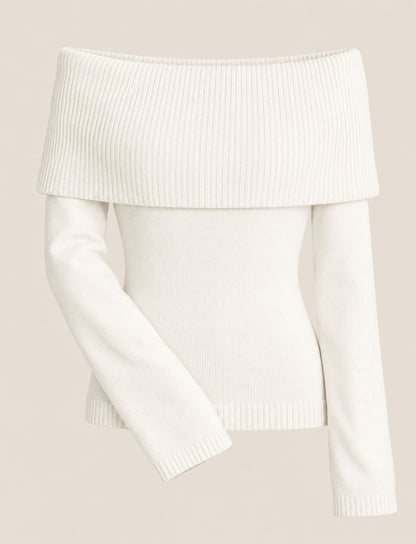 Damen Off-Shoulder Pullover mit Rippstruktur, Umschlagkragen und langen Ärmeln
