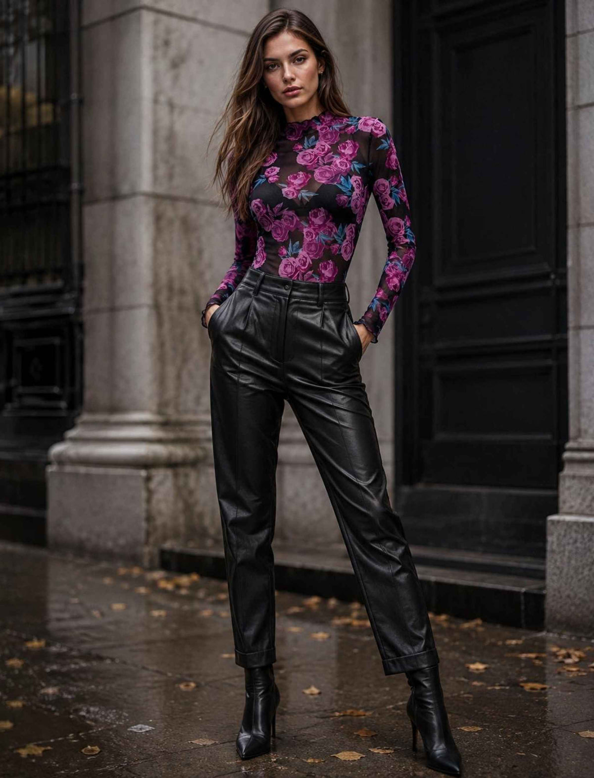 Damen Rebel Herbst Look mit schwarzem Mesh Top mit pinkem Rosenmuster, schwarzer Lederhose und schwarzen Stiefeletten