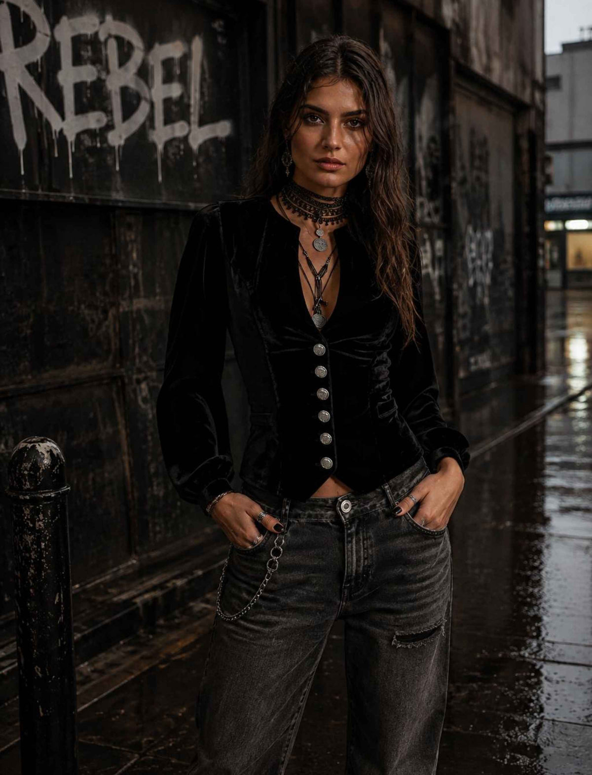 Damen Rebel Herbst Outfit mit schwarzer Samtbluse mit Knöpfen und grauer Jeans im rebellischen Streetstyle