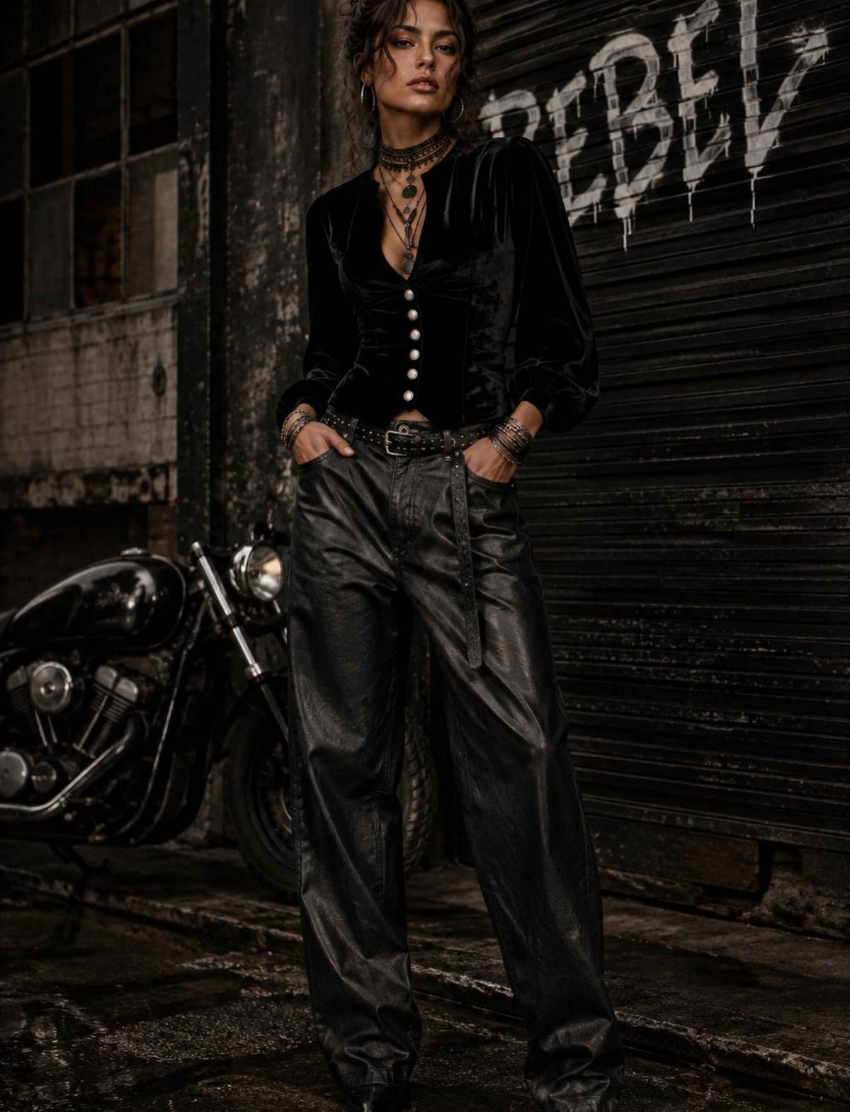 Damen Rebel Herbst Outfit mit schwarzer Samtbluse, schwarzer Lederhose und Boots im rebellischen Biker Style