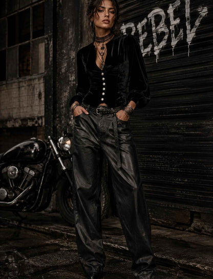 Damen Rebel Herbst Outfit mit schwarzer Samtbluse, schwarzer Lederhose und Boots im rebellischen Biker Style