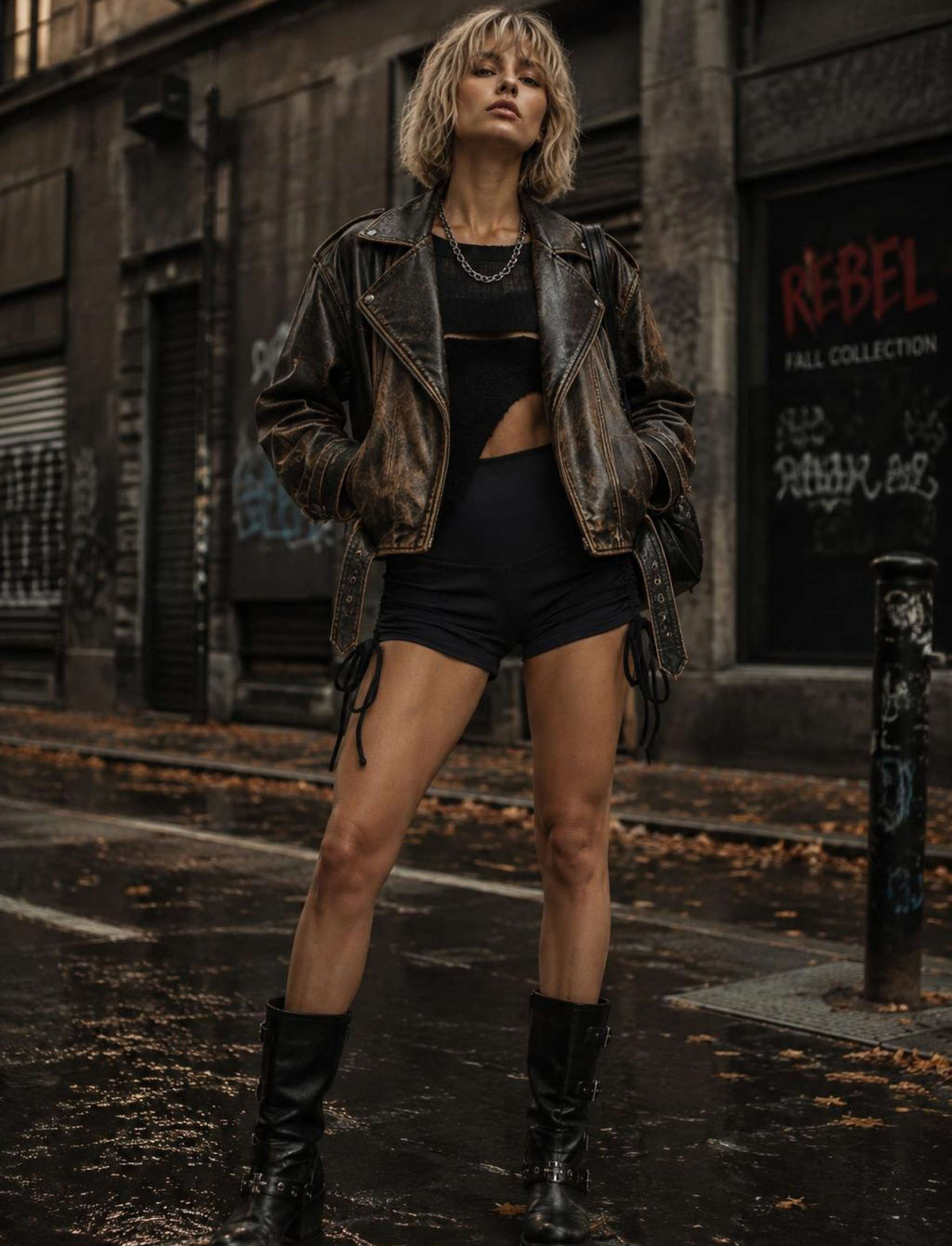Damen Rebel Herbst Outfit mit schwarzen Shorts mit seitlicher Schnürung, schwarzer Lederjacke, Crop Top und schwarzen Stiefeln
