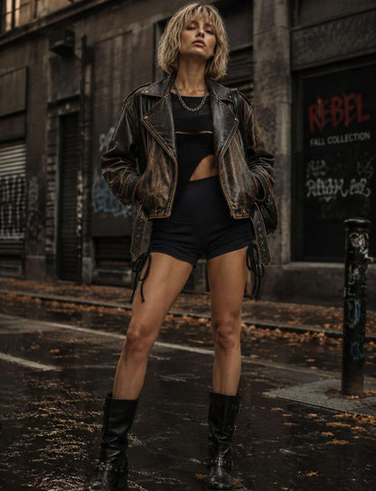 Damen Rebel Herbst Outfit mit schwarzen Shorts mit seitlicher Schnürung, schwarzer Lederjacke, Crop Top und schwarzen Stiefeln