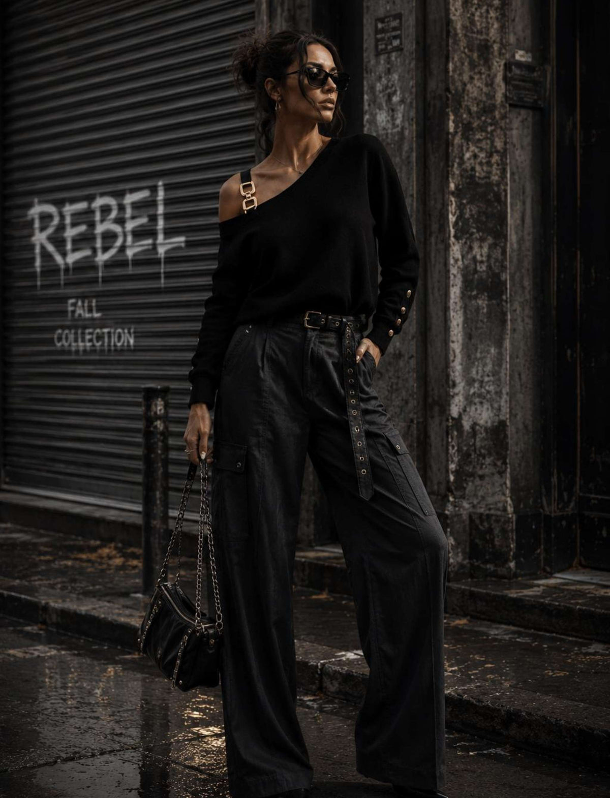 Damen Rebel Herbst Outfit mit schwarzem One Shoulder Pullover mit goldenen Details, schwarzer Wide Leg Cargohose und schwarzer Handtasche