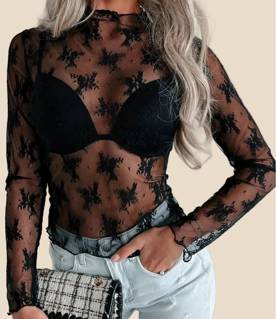 Schwarzes Damen Mesh Top mit transparentem Stoff, floralem Spitzenmuster, langen Ärmeln und Stehkragen