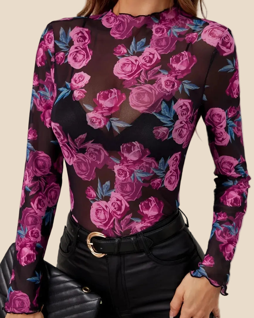 Schwarzes Damen Mesh Top mit pinkem Rosenmuster, transparentem Stoff, langen Ärmeln und Rundhalsausschnitt