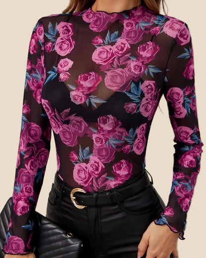 Schwarzes Damen Mesh Top mit pinkem Rosenmuster, transparentem Stoff, langen Ärmeln und Rundhalsausschnitt