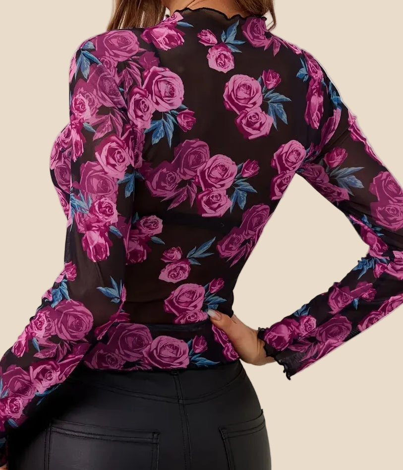 Schwarzes Damen Mesh Top mit pinkem Rosenmuster, transparentem Stoff, langen Ärmeln und Rundhalsausschnitt