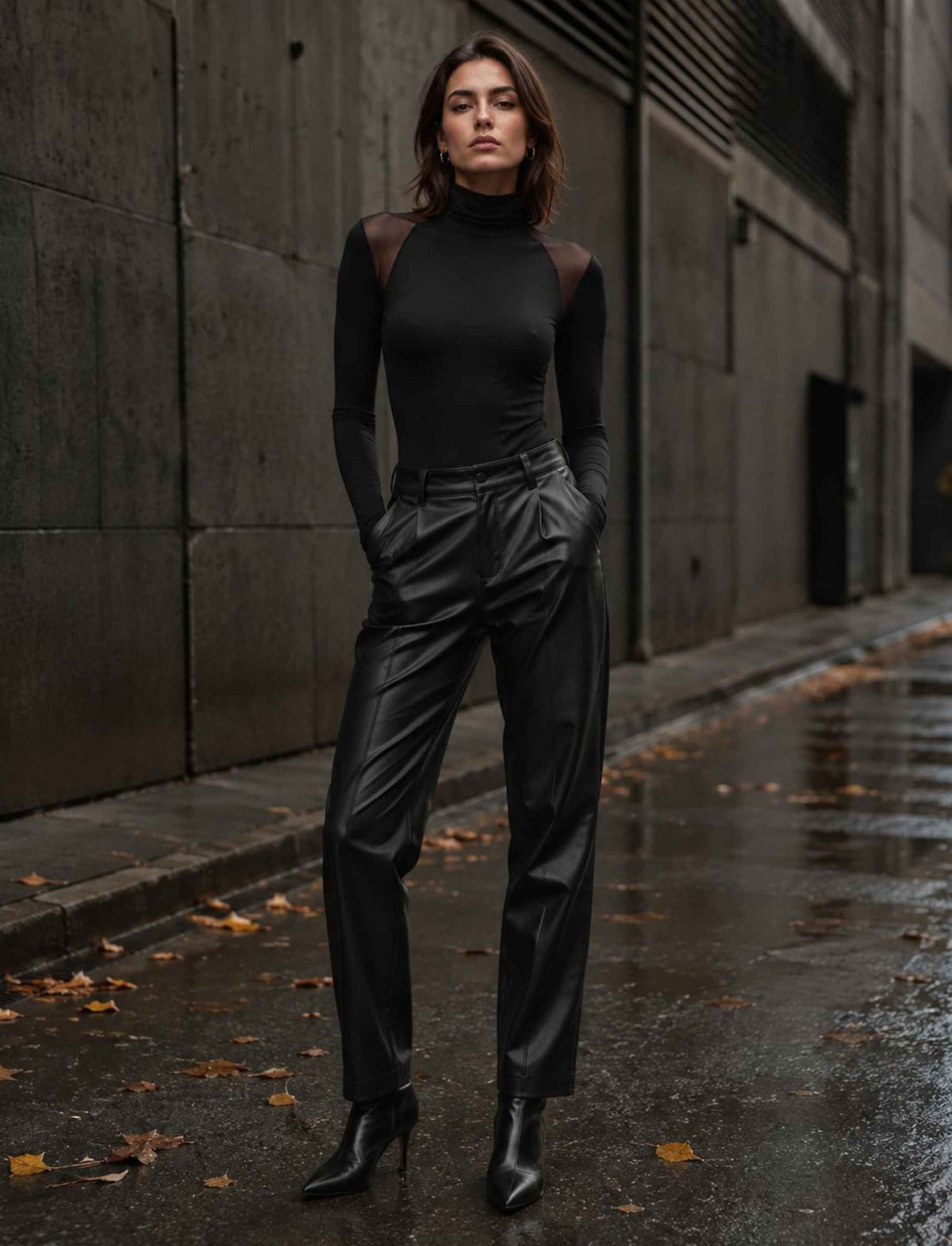 Damen Rebel Herbst Outfit mit schwarzem Rollkragen Top mit transparenten Mesh Einsätzen, schwarzer Lederhose und schwarzen Stiefeletten