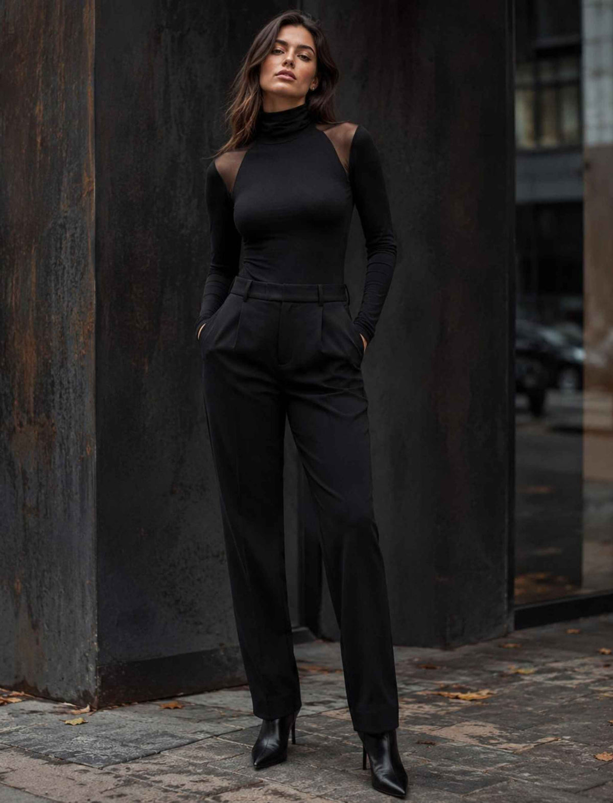 Damen Rebel Herbst Outfit mit schwarzem Rollkragen Top mit transparenten Mesh Einsätzen, schwarzer Hose und schwarzen Stiefeletten