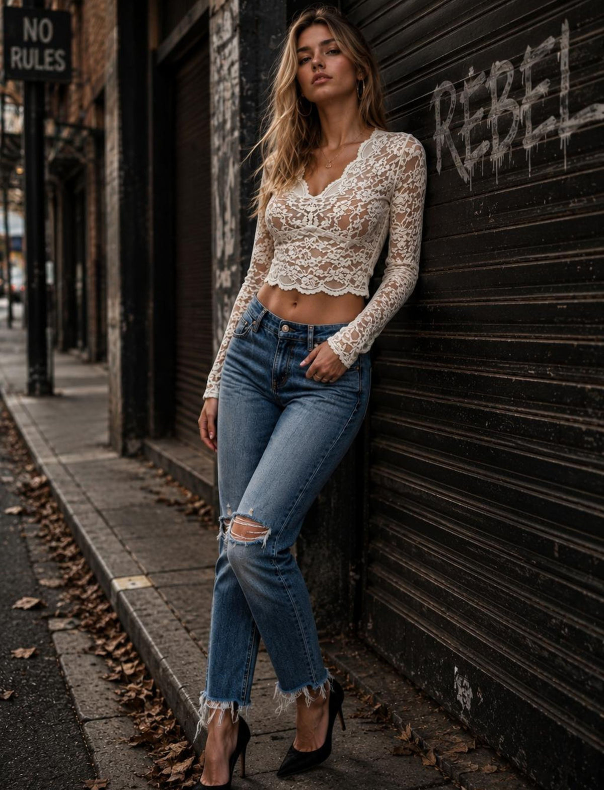 Damen Spitzenbluse mit langen Ärmeln und V-Ausschnitt kombiniert mit Jeans