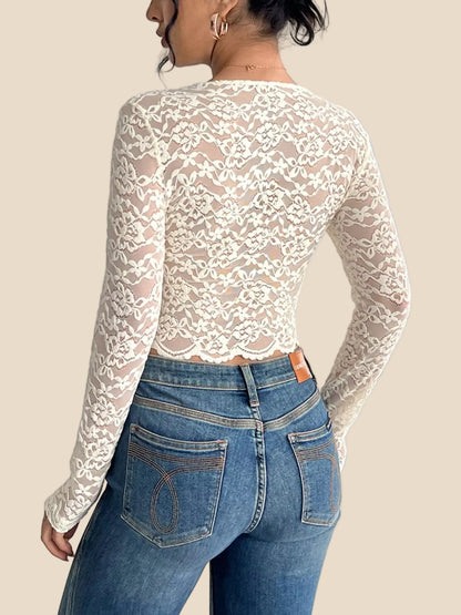 Damen Spitzenbluse mit langen Ärmeln in Rückansicht