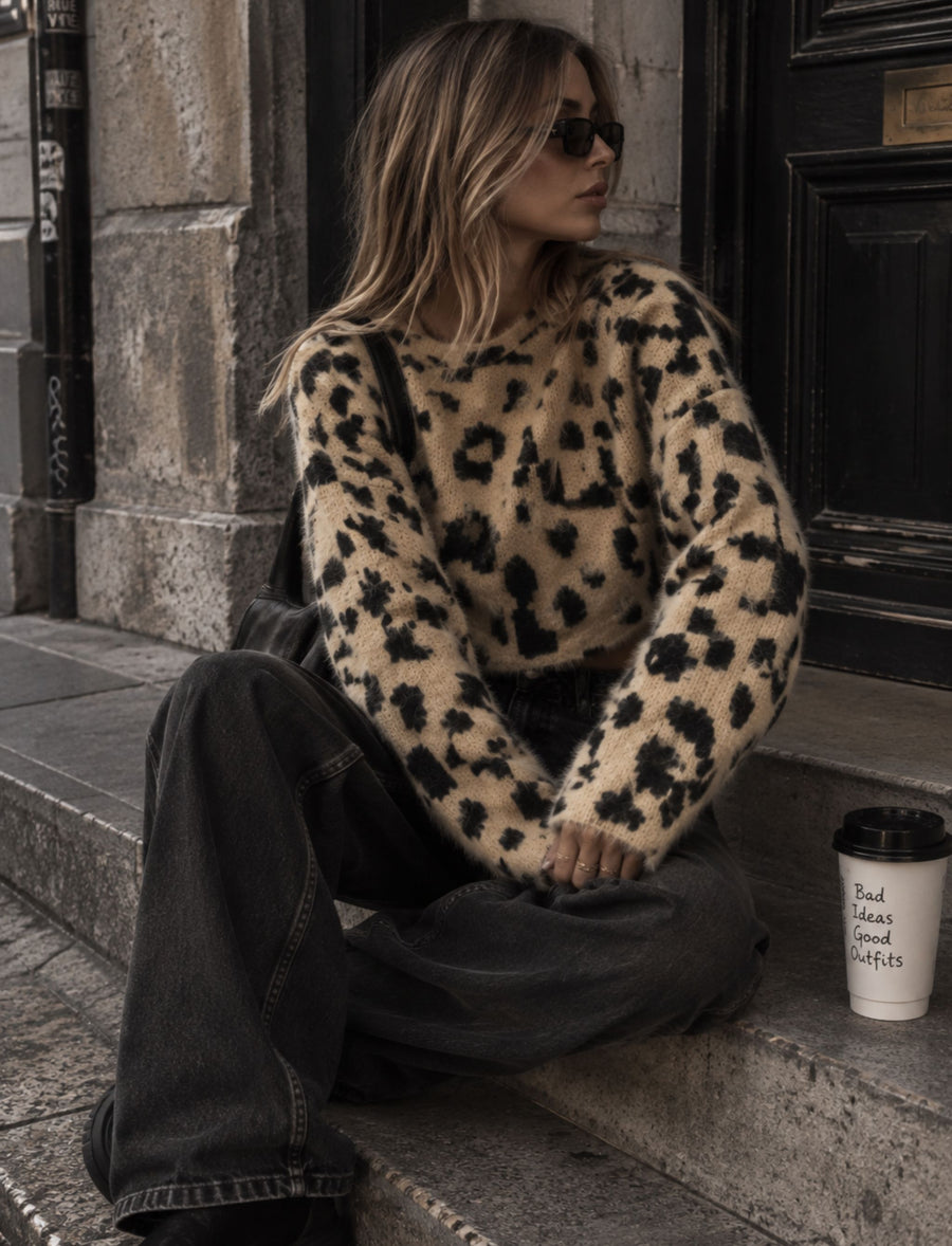 Damen Strickpullover kurz mit Leopardenmuster