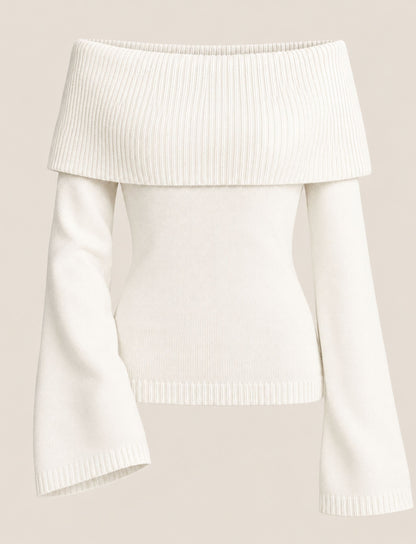 Damen Strickpullover mit schulterfreiem Ausschnitt und breitem Umschlagkragen in Vorderansicht