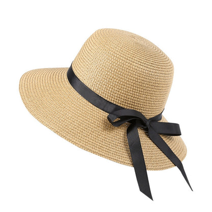 Damen Strohhut mit schwarzer Schleife und breiter Krempe in Beige, elegantes Sommer Accessoire