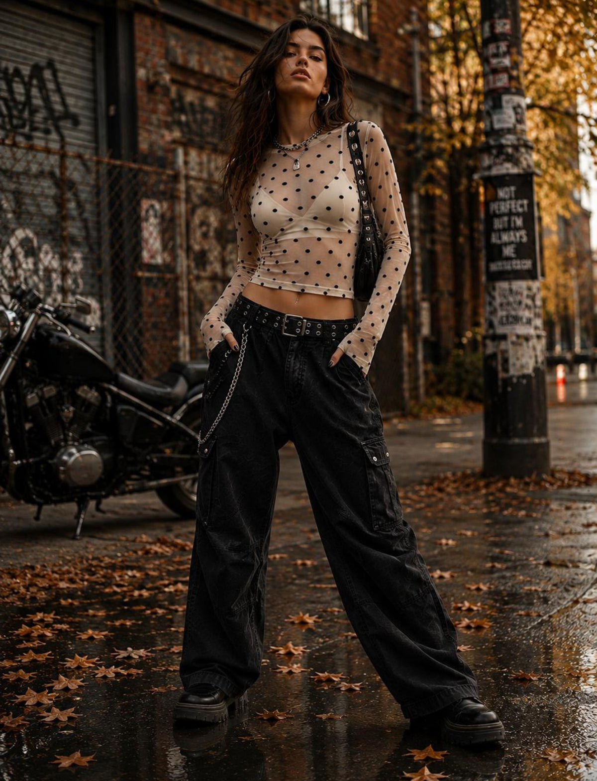 Damen transparentes Langarmshirt mit Punkten in kompletter Trageansicht