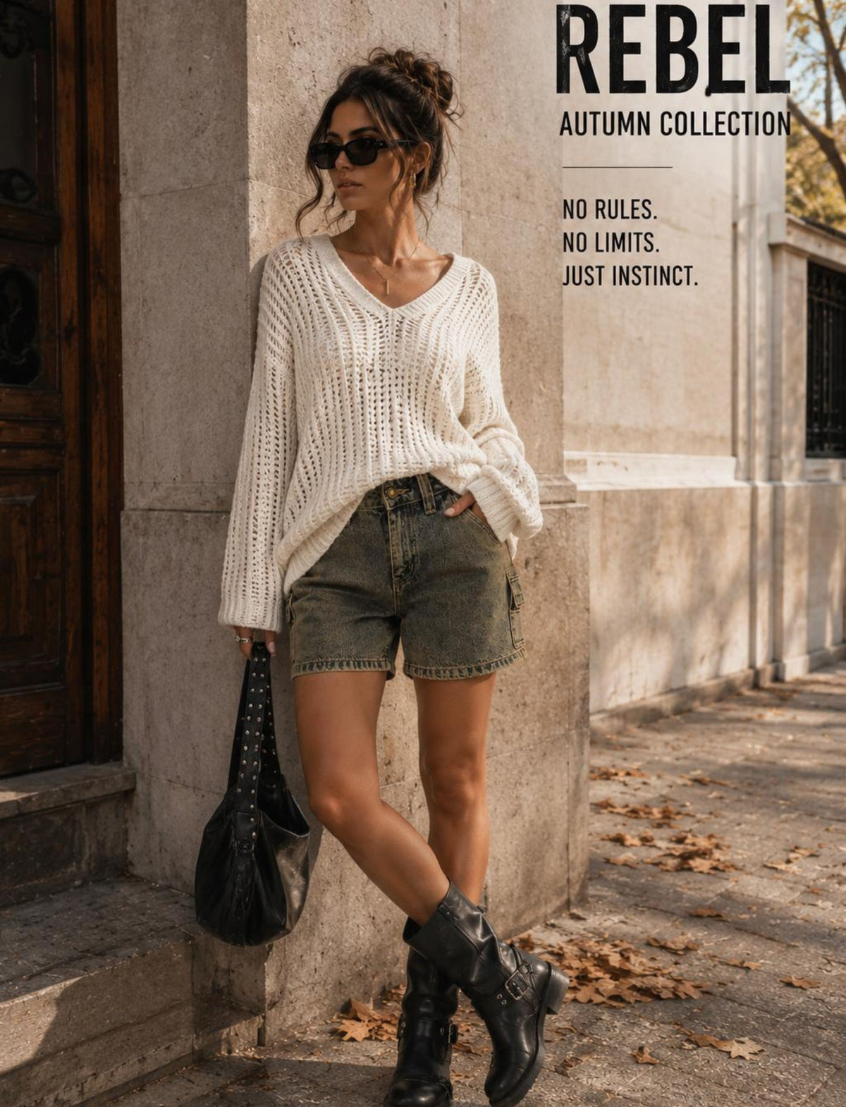 Damen Rebel Herbst Outfit mit weißem Strickpullover, khakifarbenen Jeans Shorts und schwarzen Boots