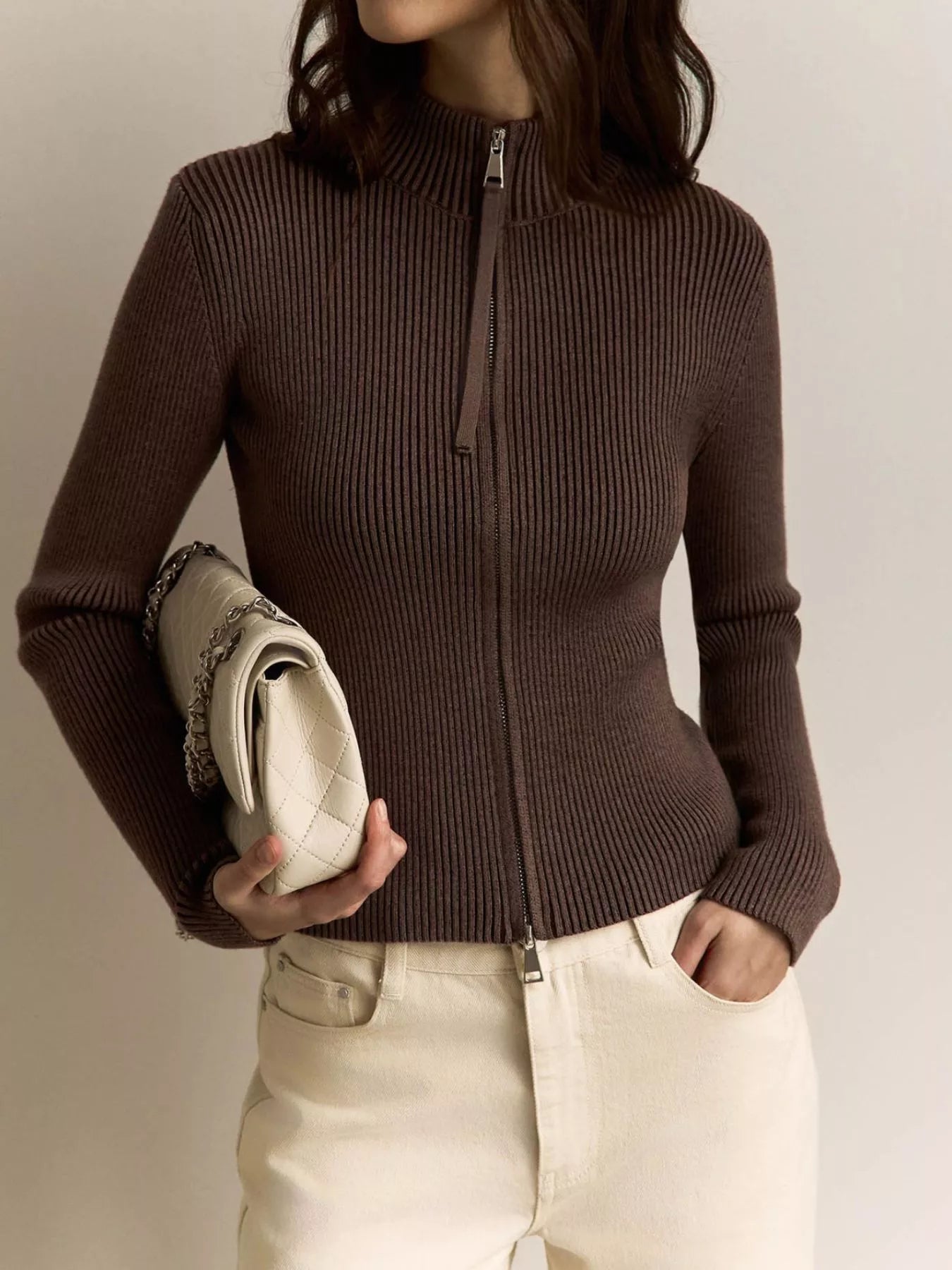 Damen Rippstrick Cardigan mit Reißverschluss Langarm Strickjacke