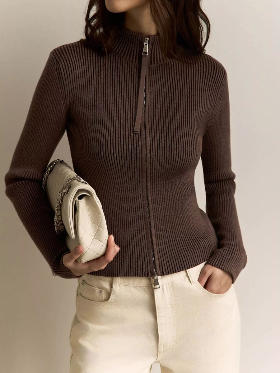 Damen Rippstrick Cardigan mit Reißverschluss Langarm Strickjacke