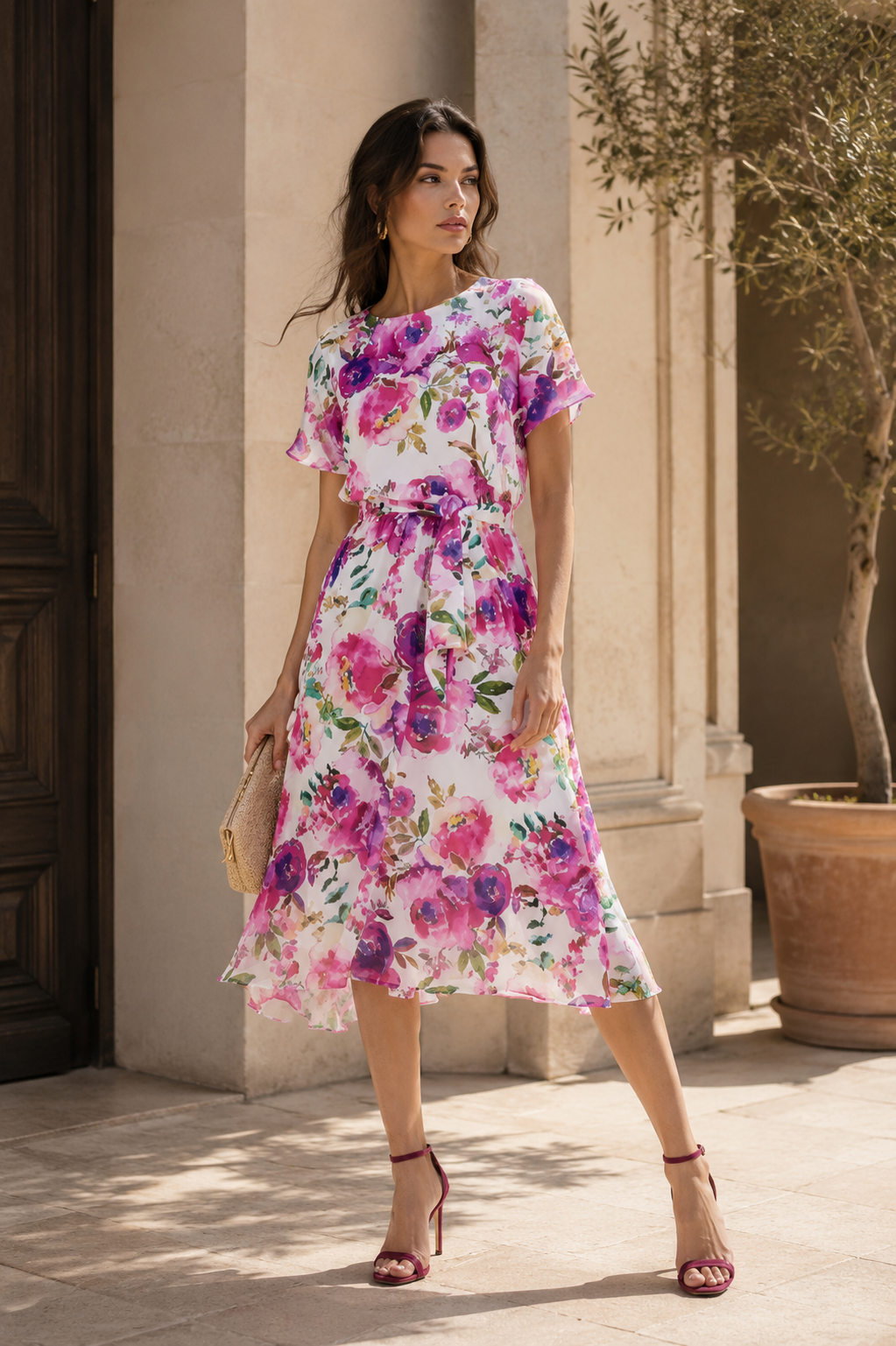 Damen Chiffon Midikleid mit Taillengürtel und floralem Print