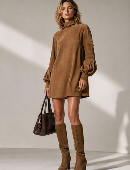 Mini-Herbstkleid für Damen mit Rollkragen, Ballonärmeln und praktischen Taschen